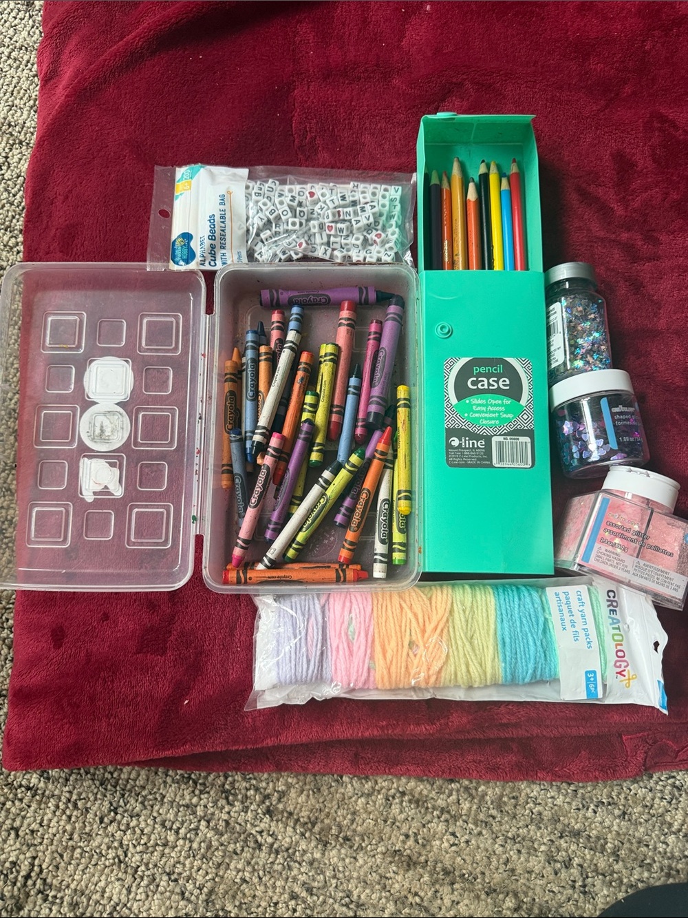 Turquoise Pencil Case with Assorted Crayons & Pastel Yarn Art Supplies